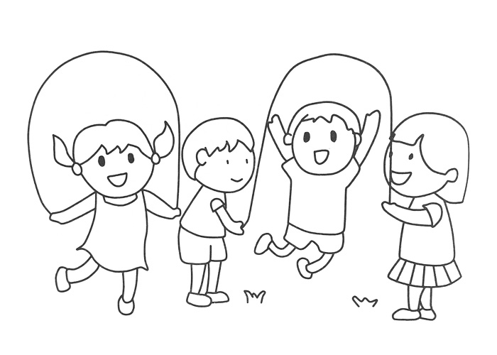 4位小朋友在一起做跳繩游戲的簡(jiǎn)筆畫圖片