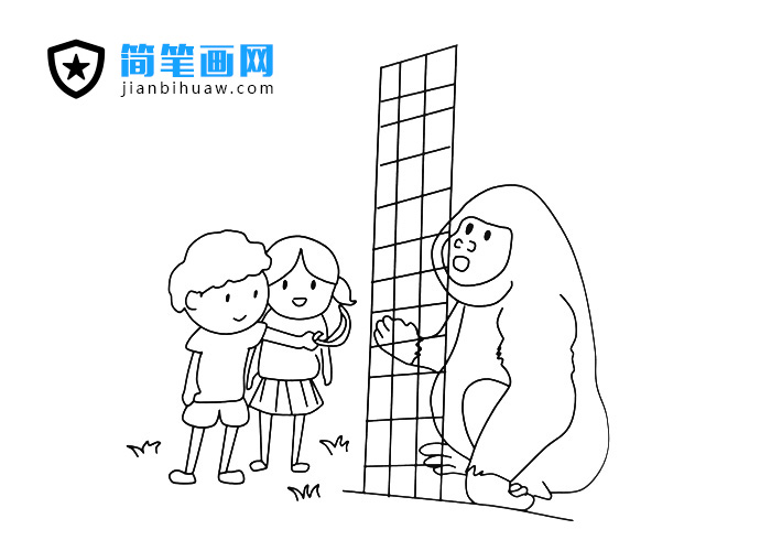 兩位小朋友在動物園喂大猩猩吃水果的簡筆畫圖片