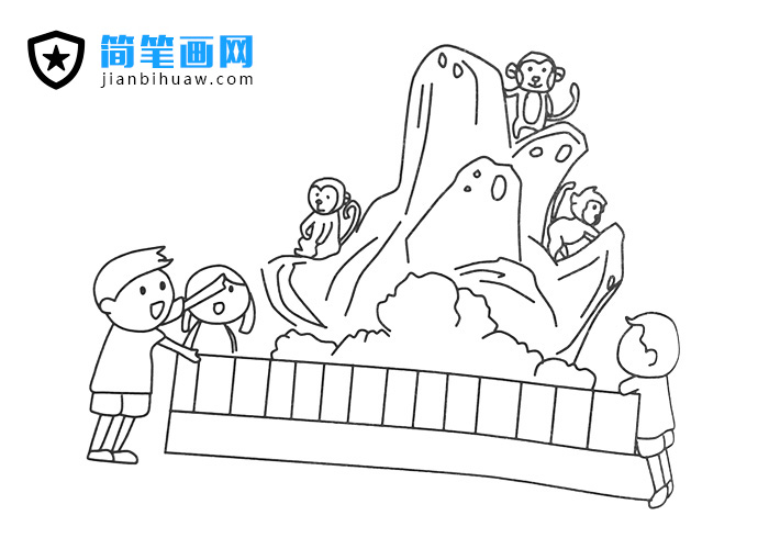 小朋友們?cè)趧?dòng)物園觀看猴子的簡(jiǎn)筆畫圖片
