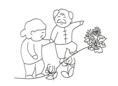老爺爺攙著老奶奶在公園散步賞花的簡(jiǎn)筆畫(huà)圖片