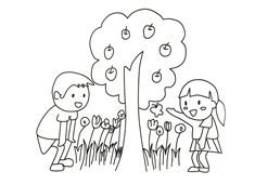 兩位小朋友在蘋果樹下賞花的簡筆畫圖片