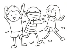 三位小朋友在玩捉迷藏游戲的簡筆畫圖片