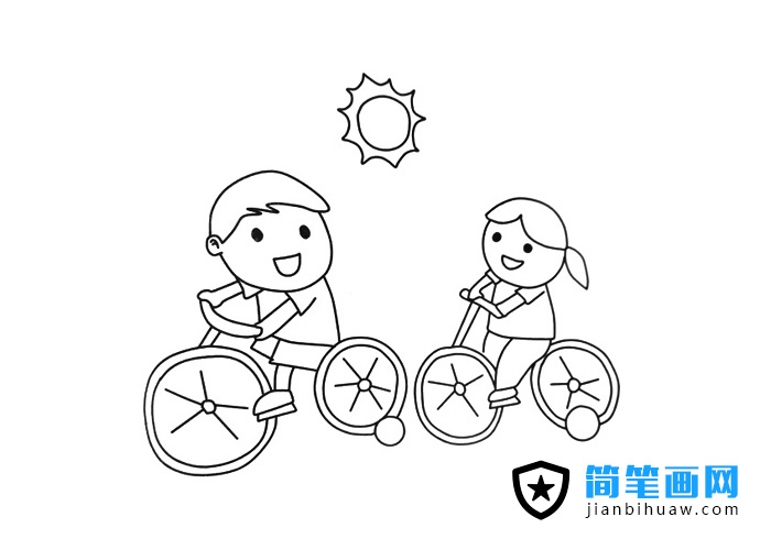 兩個小孩子騎自行車的簡筆畫圖片