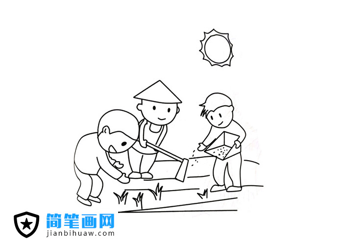 農(nóng)民伯伯在烈日下種田的簡筆畫圖片