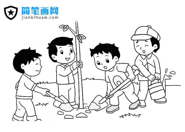 4個(gè)男孩在植樹的簡(jiǎn)筆畫圖片