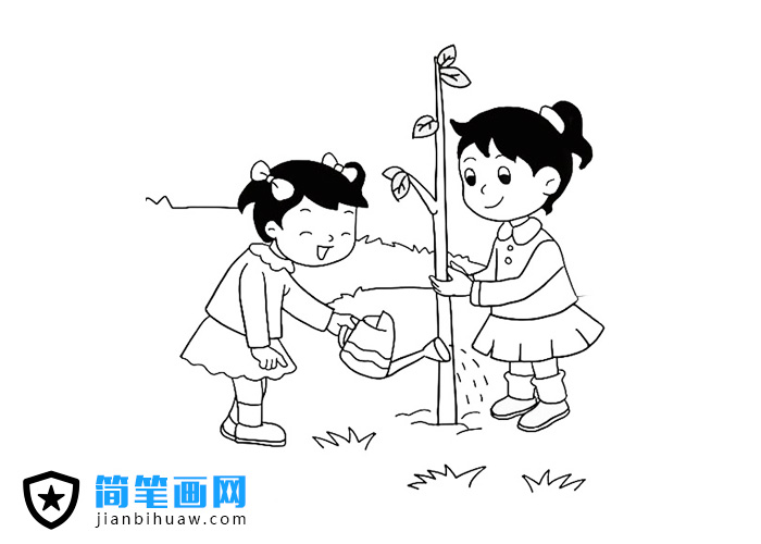 兩位小朋友在植樹(shù)澆水的簡(jiǎn)筆畫圖片