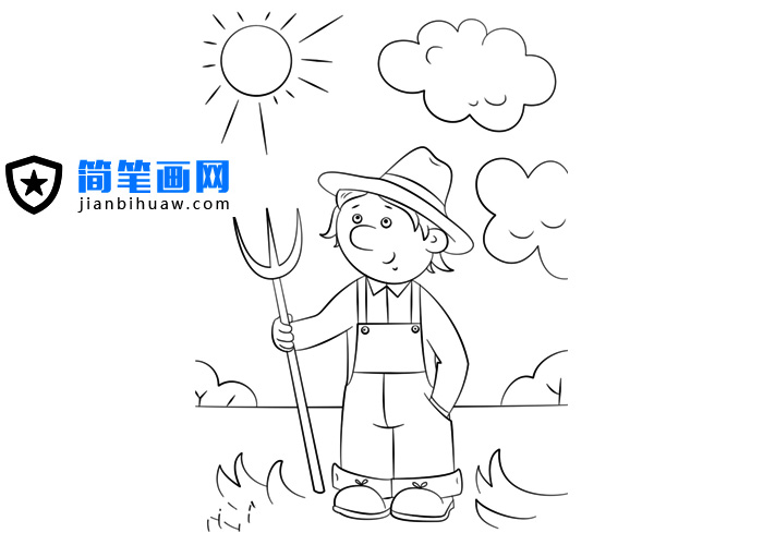 手拿叉子的農(nóng)民在烈日下的勞作的簡筆畫圖片
