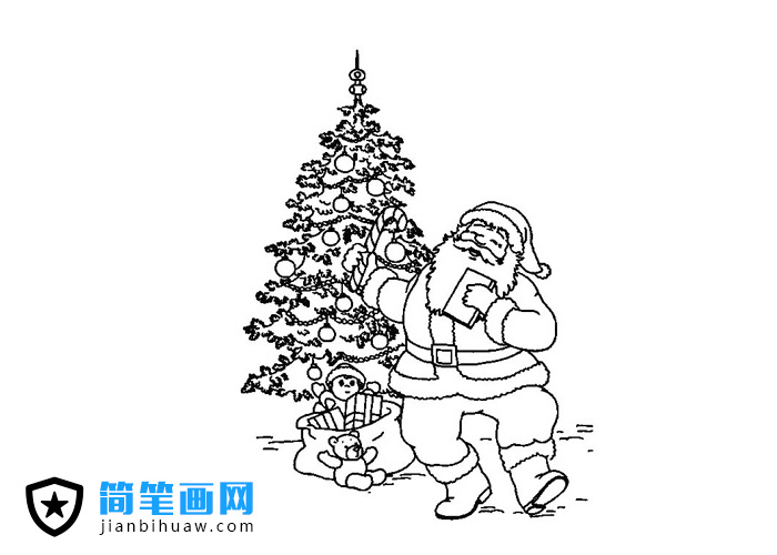 站在圣誕樹前派送禮物的圣誕老人簡(jiǎn)筆畫圖片