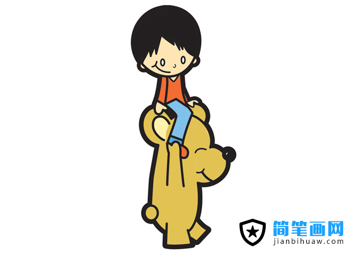 騎在卡通熊頭上的小男孩簡(jiǎn)筆畫(huà)